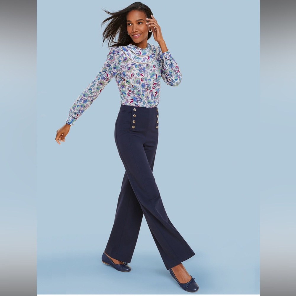 NWT TALBOTS SIZE 12 KNIT WIDE‎ LEG PANTS navy blue career